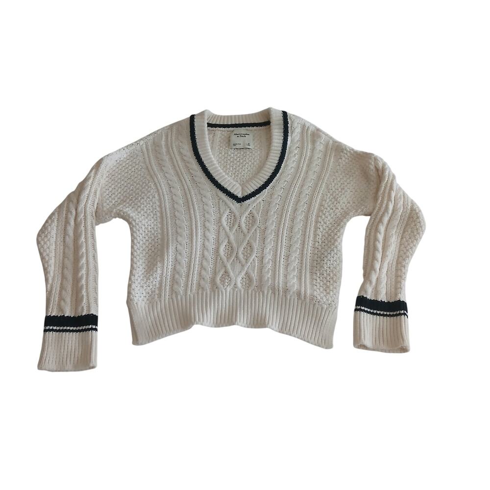 Abercrombie & Fitch Sweater Women XS Cream Cropped Cable Knit V Neck Varsity